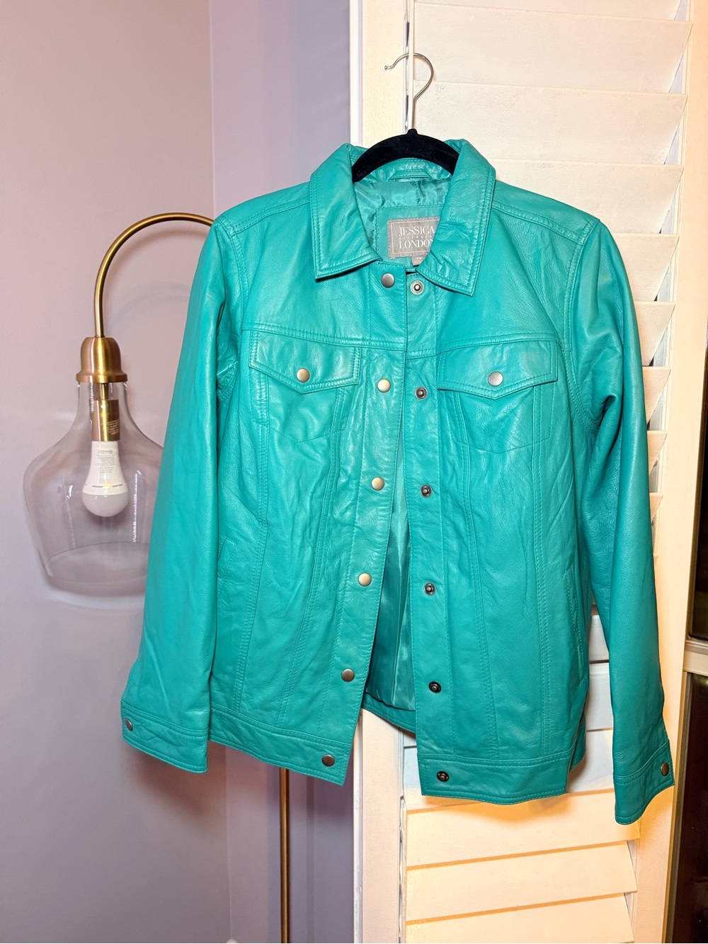 Jessica London Turquoise Leather Jacket - Women's Button-Front Coat